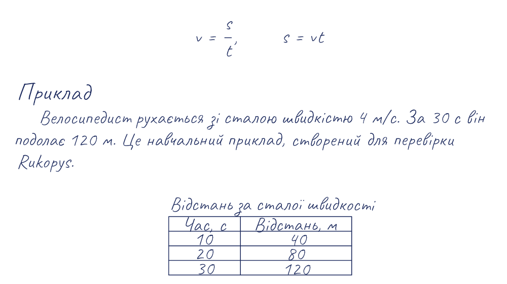 Формула швидкості й таблиця відстаней у справжньому конспекті Rukopys